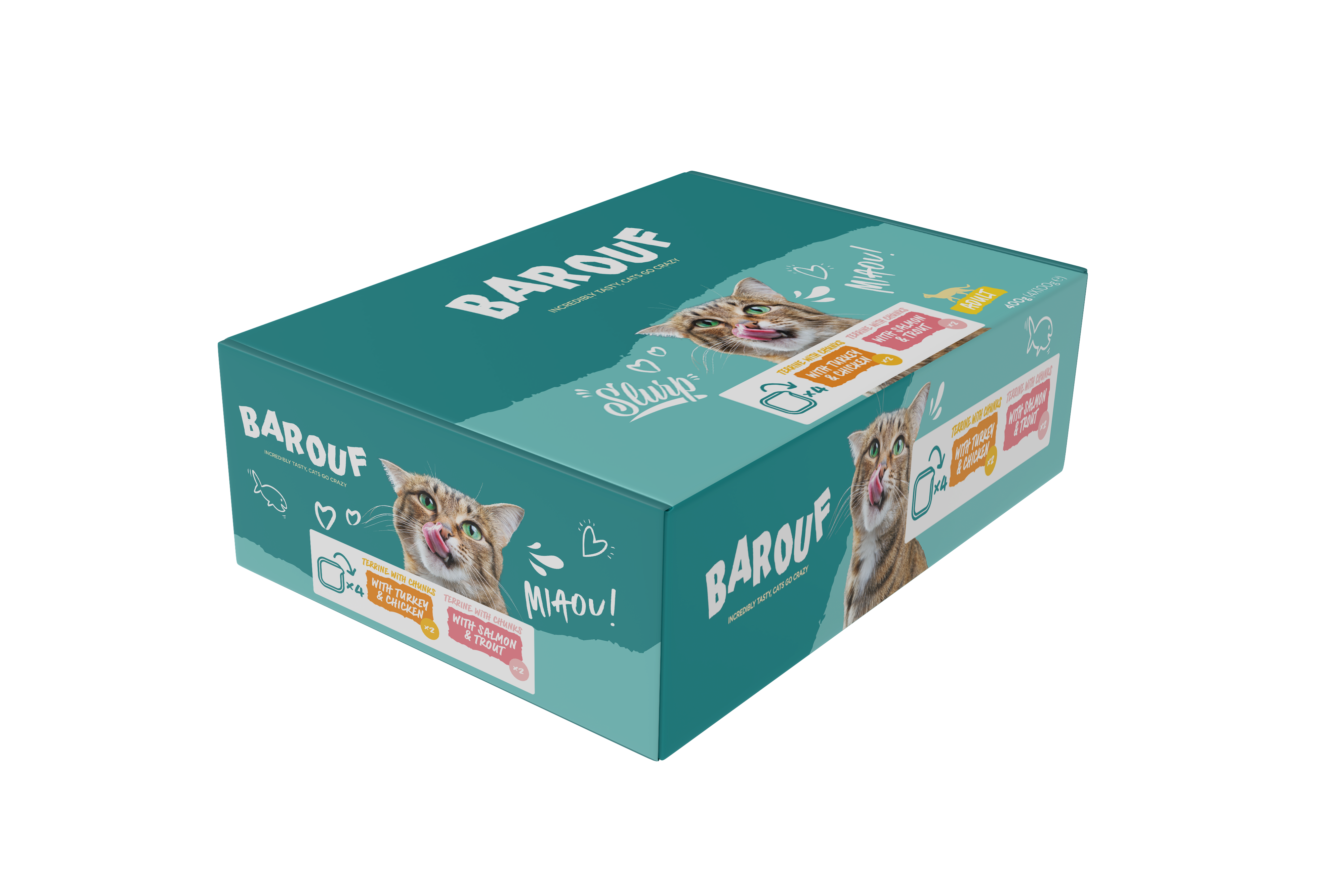 BAROUF MULTIPACK TERRINES AVEC MORCEAUX DINDE/POULET/SAUMON/TRUITE POUR CHAT ADULTE 4X100G