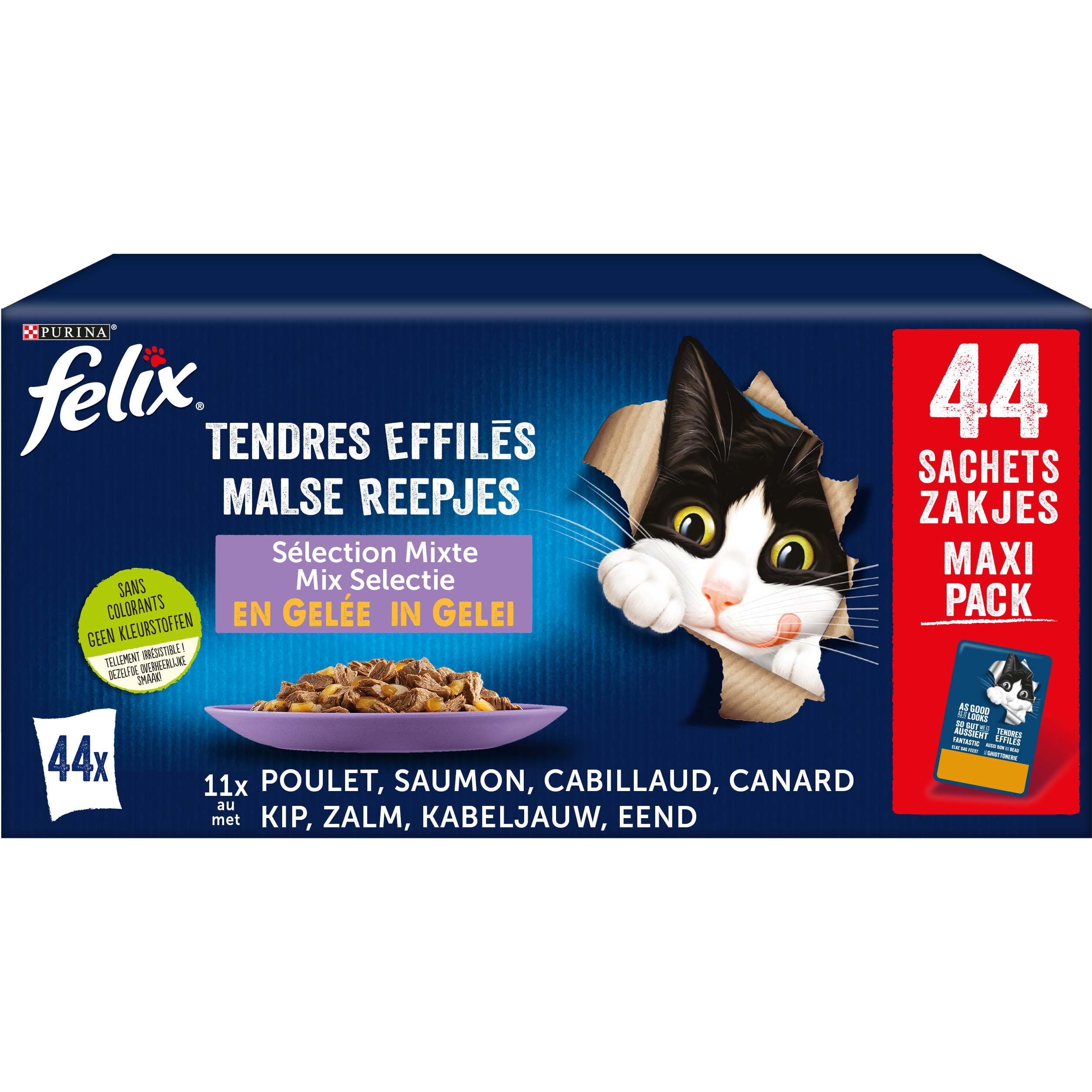 FELIX CHAT Tendres Effilés Sélection Mixte en Gelée 44x85g adult 