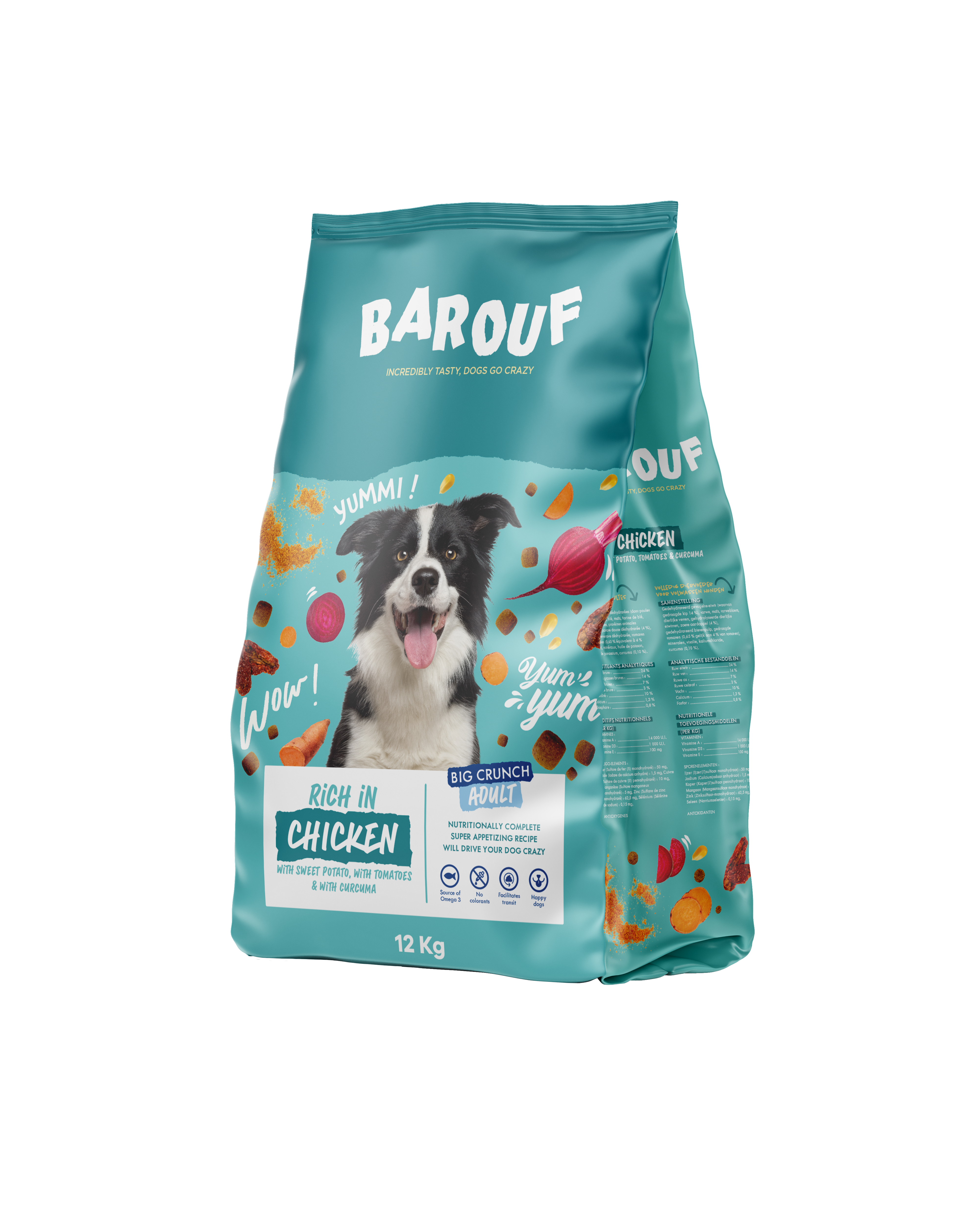 BAROUF BIG CRUNCH RICHE EN POULET, À LA PATATE DOUCE, AUX TOMATES ET AVEC DU CURCUMA POUR CHIEN ADULTE 12KG