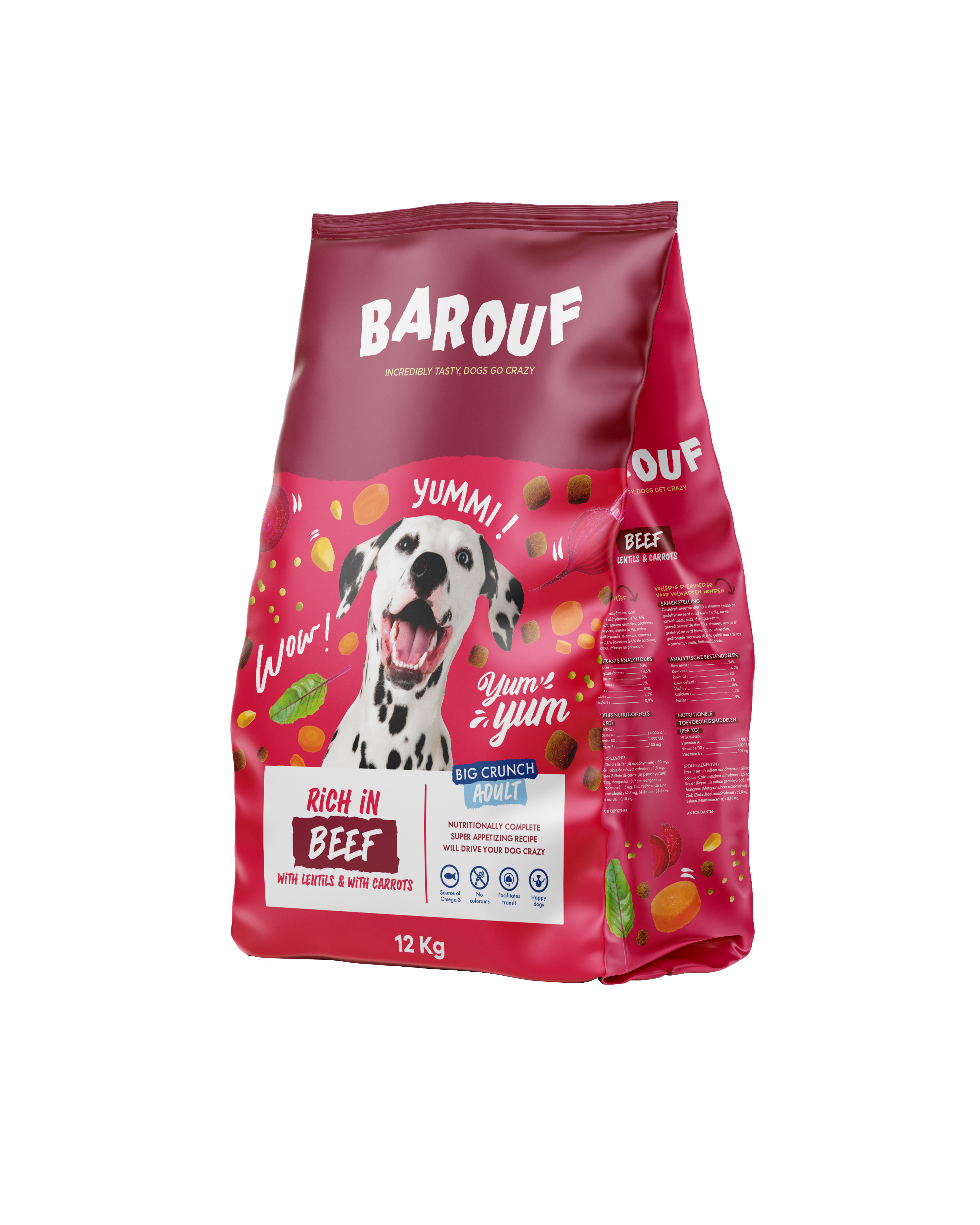 BAROUF BIG CRUNCH RICHE EN BOEUF, AVEC DES LENTILLES & DES CAROTTES POUR CHIEN ADULTE 12KG