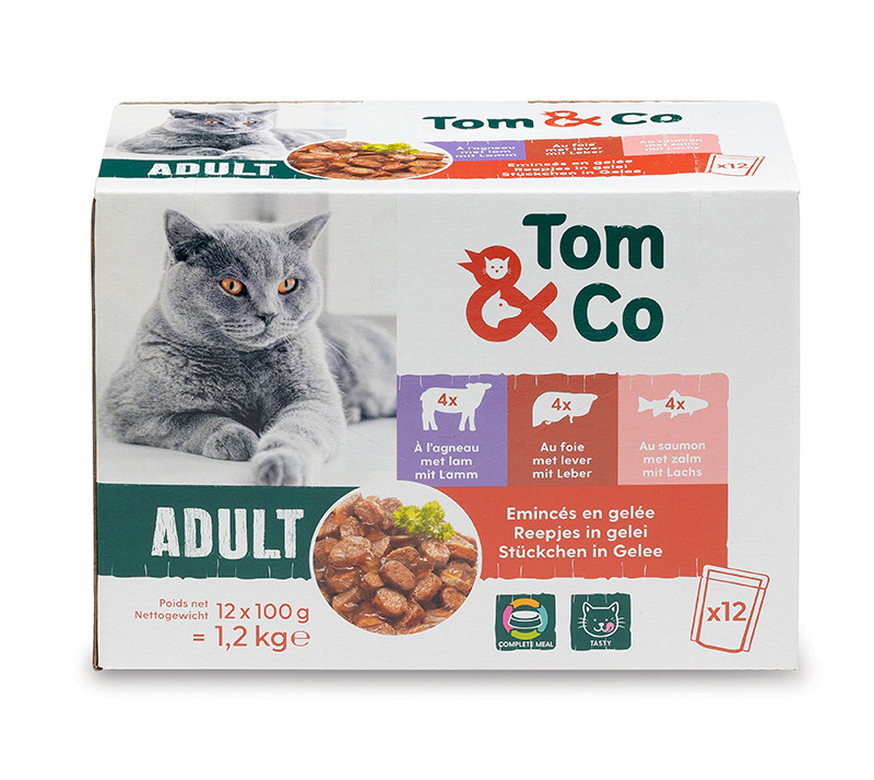 Emincés En Gelée 12X100G Saumon Agneau Foie Pour Chat Adult