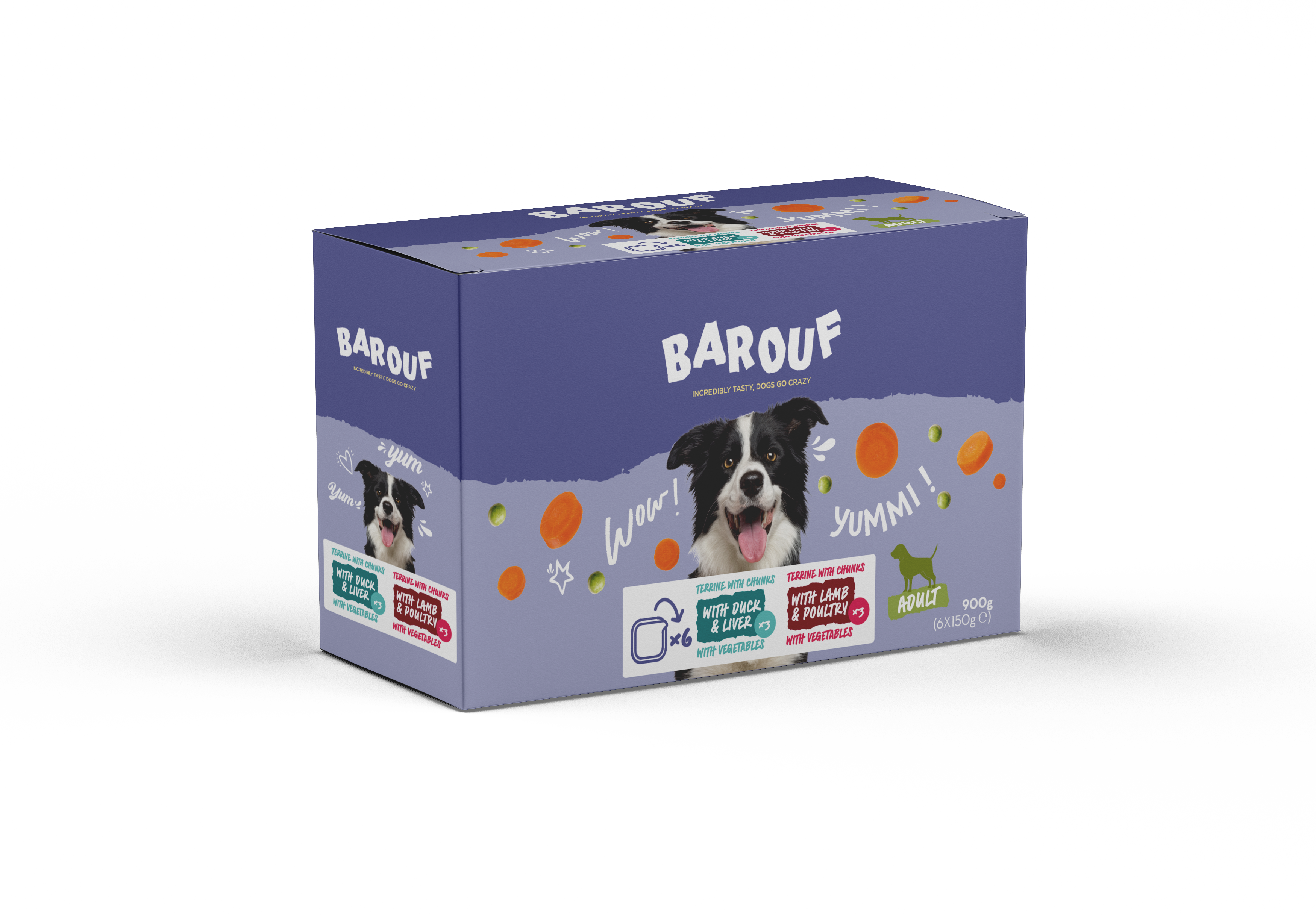 BAROUF MULTIPACK TERRINES MET STUKJES EEND/LEVER/LAM/GEVOGELTE VOOR HOND ADULT 6X150G