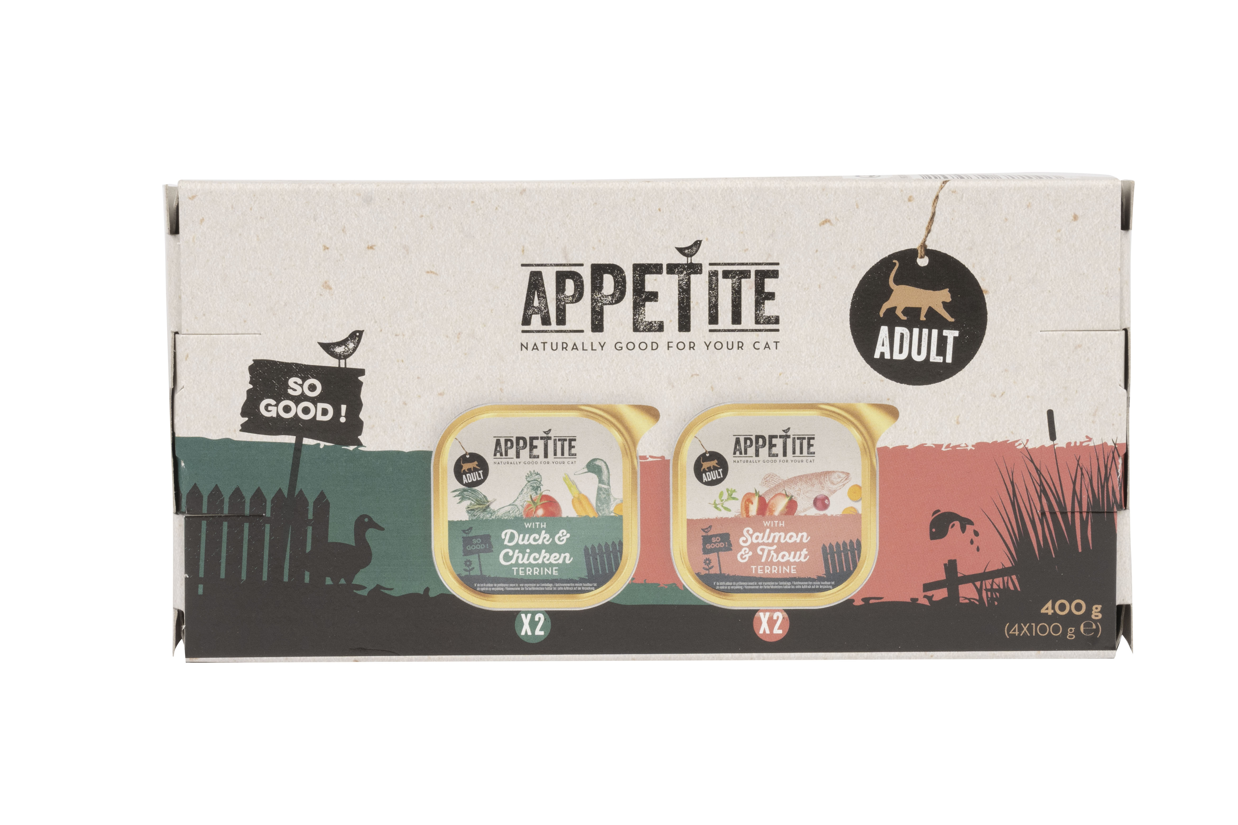 Appetite Barquettes | Terrine de Canard/ Poulet et Saumon/ Truite | Chat (Adulte) | 4x100g