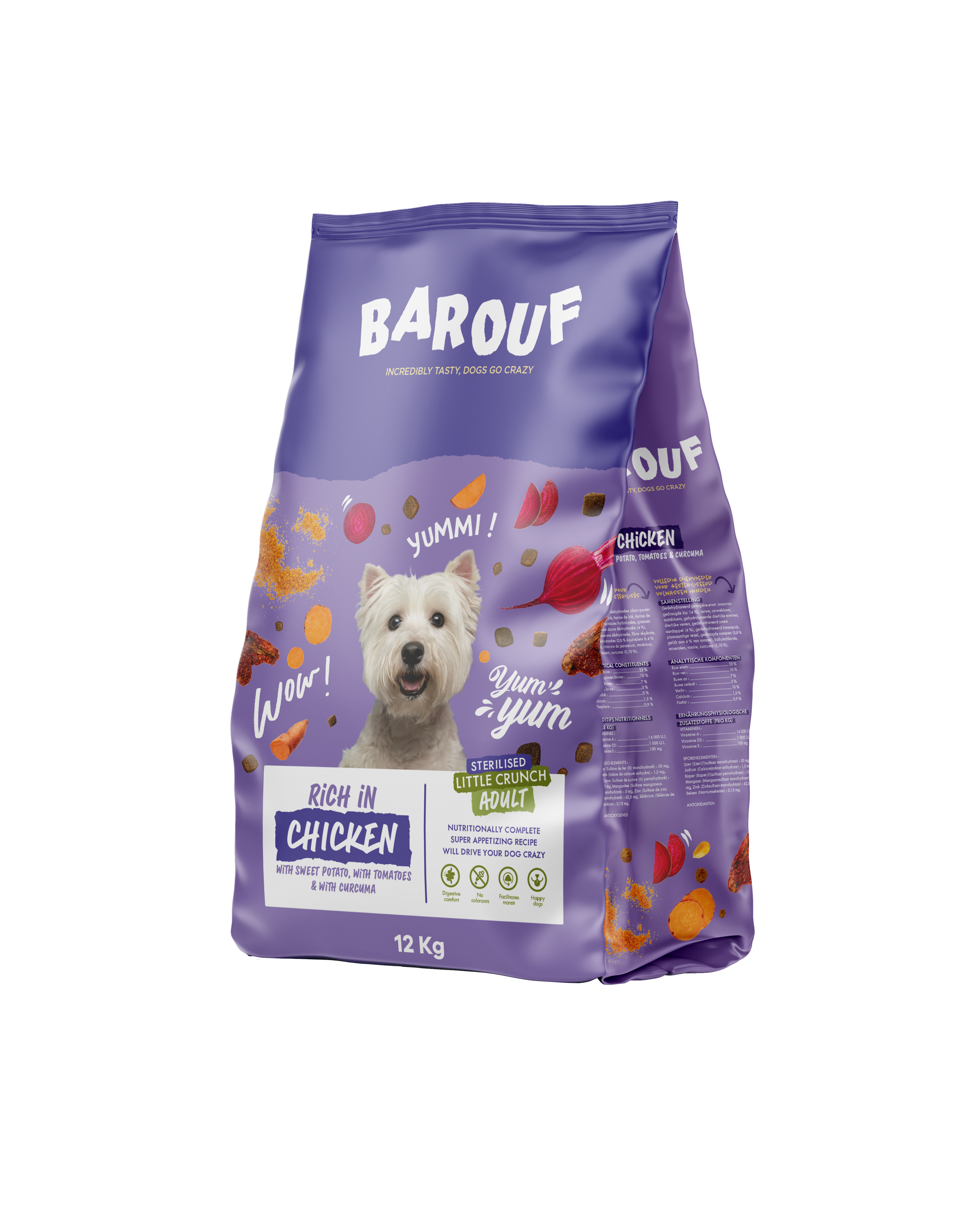 BAROUF LITTLE CRUNCH RICHE EN POULET, À LA PATATE DOUCE, AUX TOMATES ET AVEC DU CURCUMA POUR CHIEN ADULTE 12KG