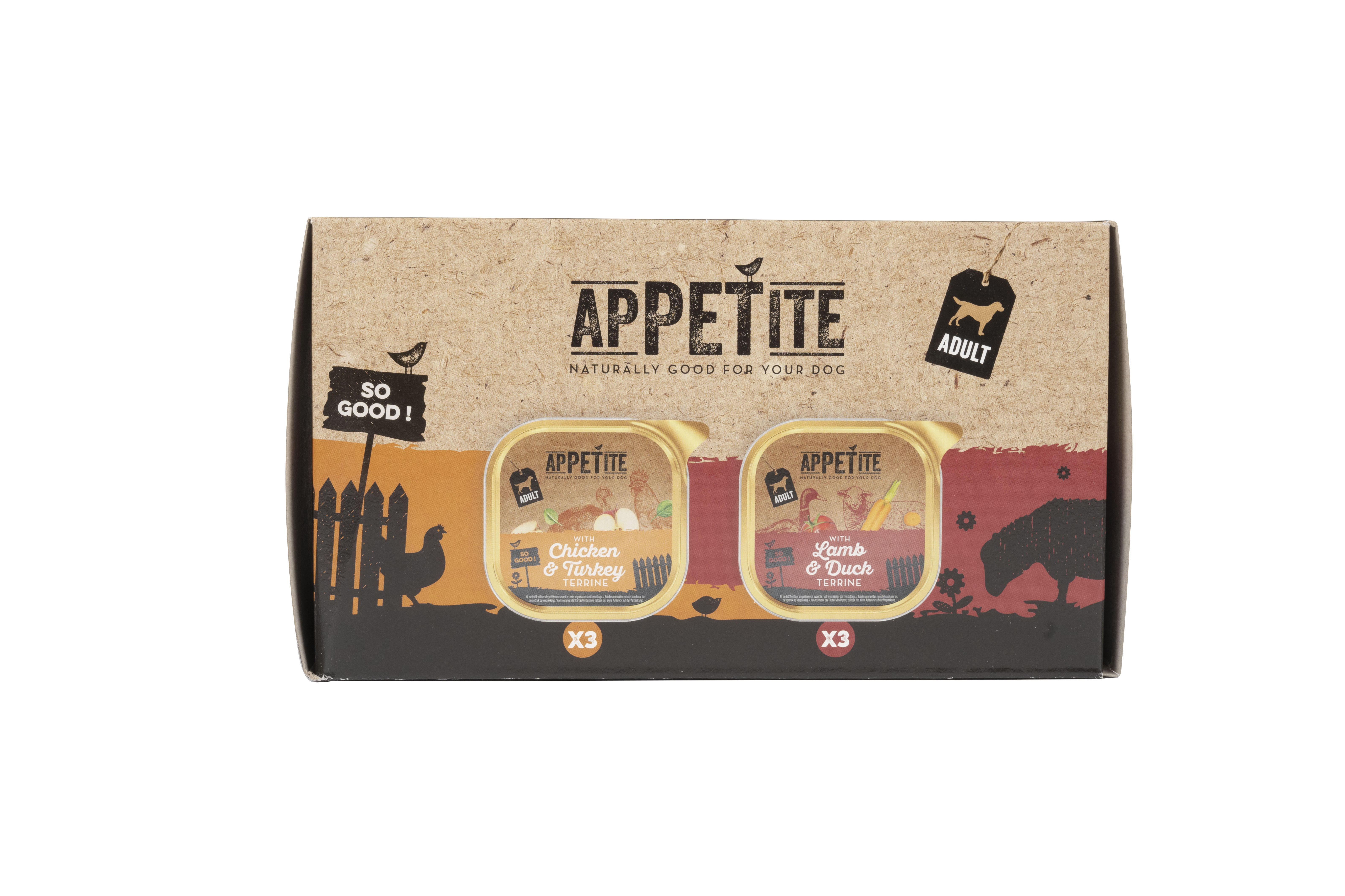 APPETITE MULTIPACK TERRINES MET STUKJES VOOR HOND KIP/KALKOEN-LAM/EEND ADULT 6X150G