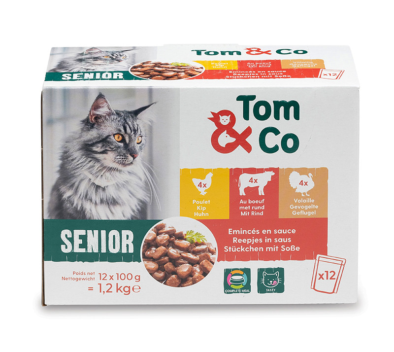 Tom&Co Stukjes Saus 12X100G Kip Rund Gevogelte Voor Kat Senior