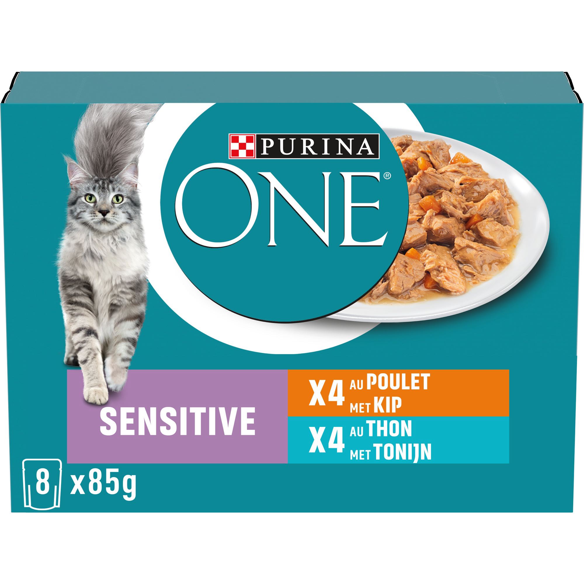 PURINA ONE Sensitive Chat Poulet ou Thon en Gelée 8x85g adult 