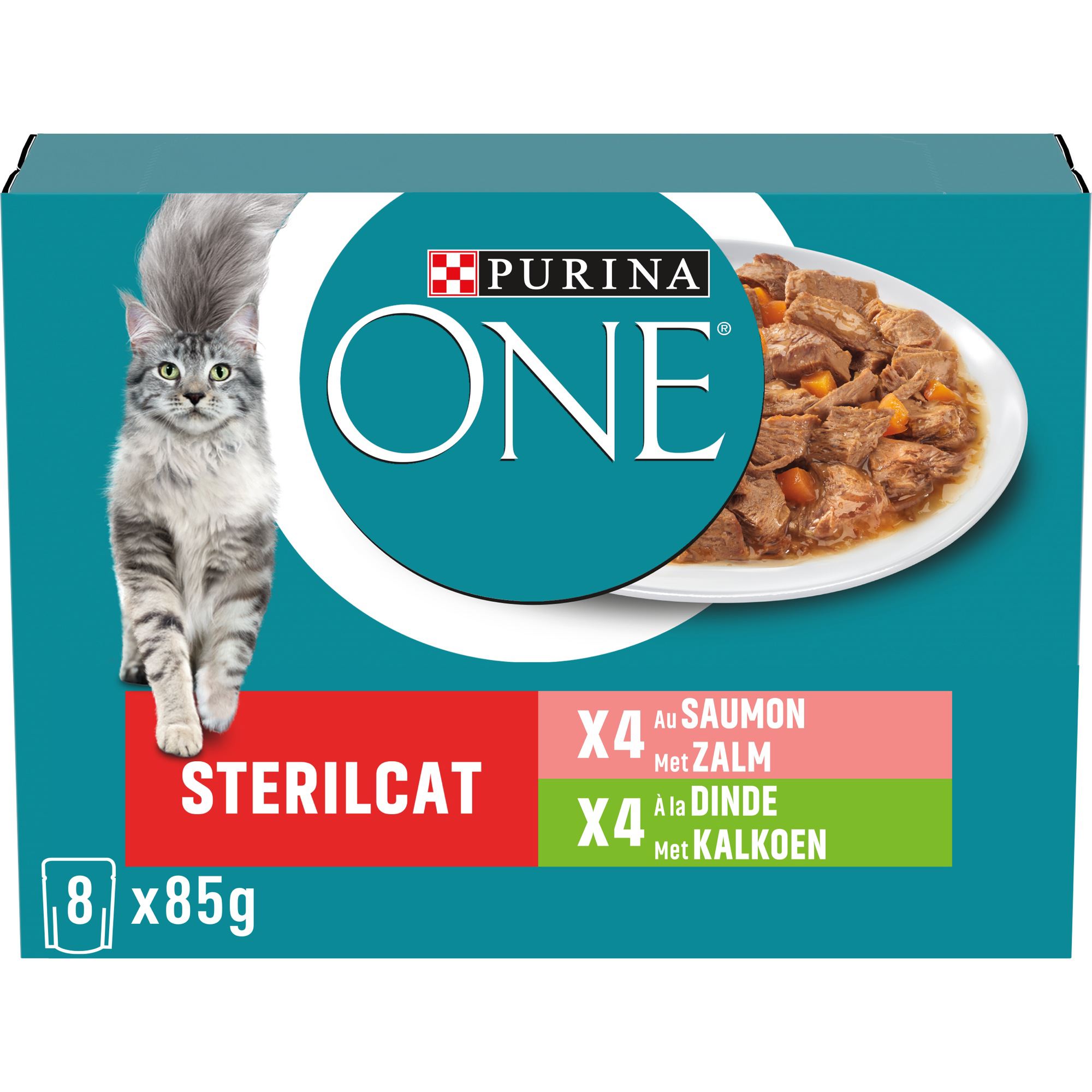 PURINA ONE Sterilcat Chat Saumon ou à la Dinde en Gelée 8x85g adult 