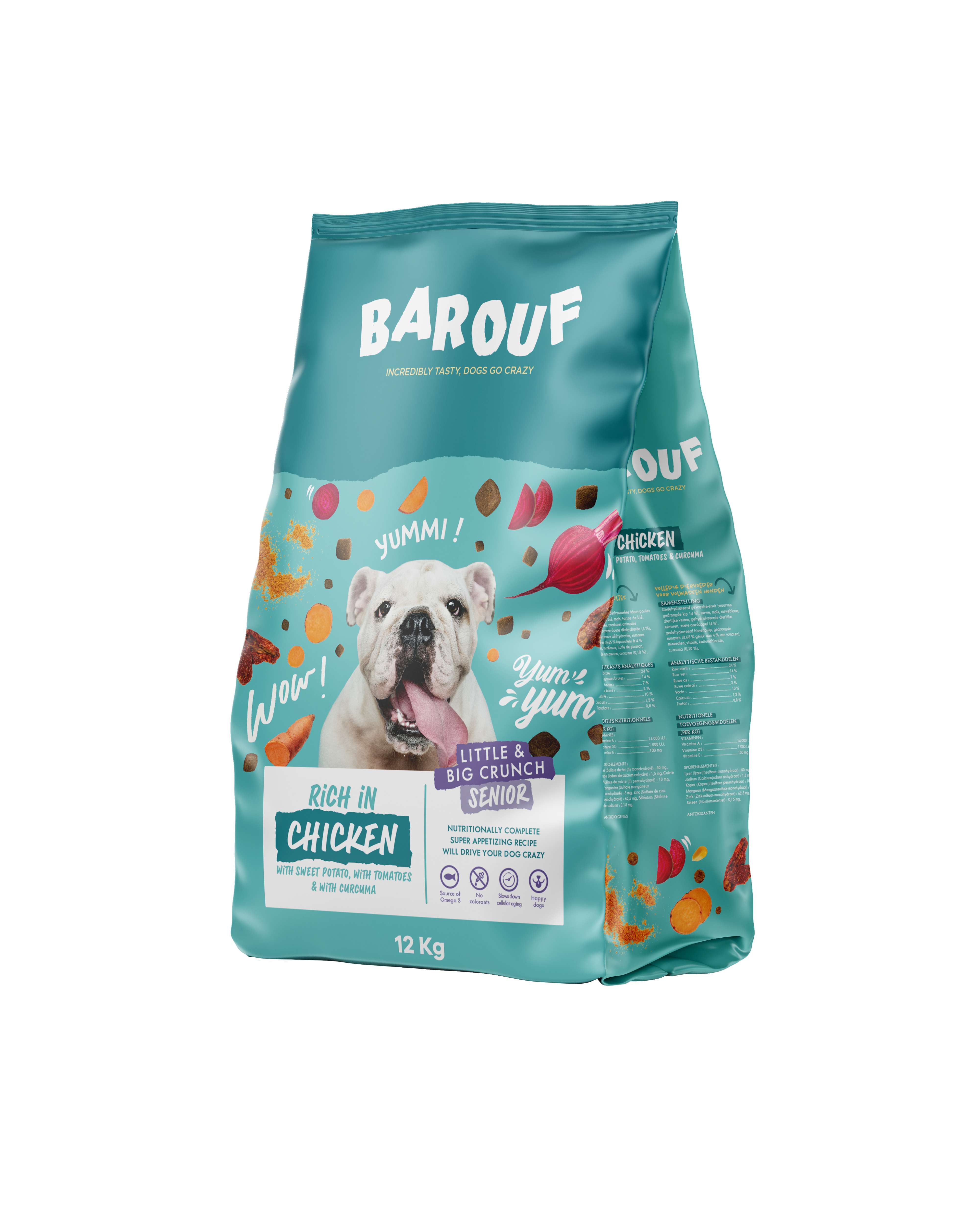 BAROUF LITTLE & BIG CRUNCH RICHE EN POULET, À LA PATATE DOUCE, AUX TOMATES ET AVEC DU CURCUMA POUR CHIEN SENIOR 12KG